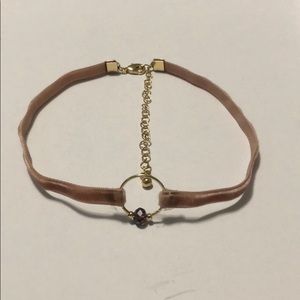 Rose Velvet Choker With Gold Ring And Purple Bead